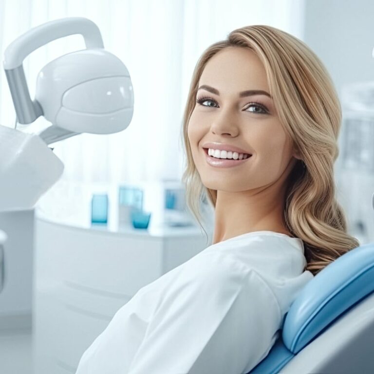 uśmiechnięta kobieta na fotelu dentystycznym